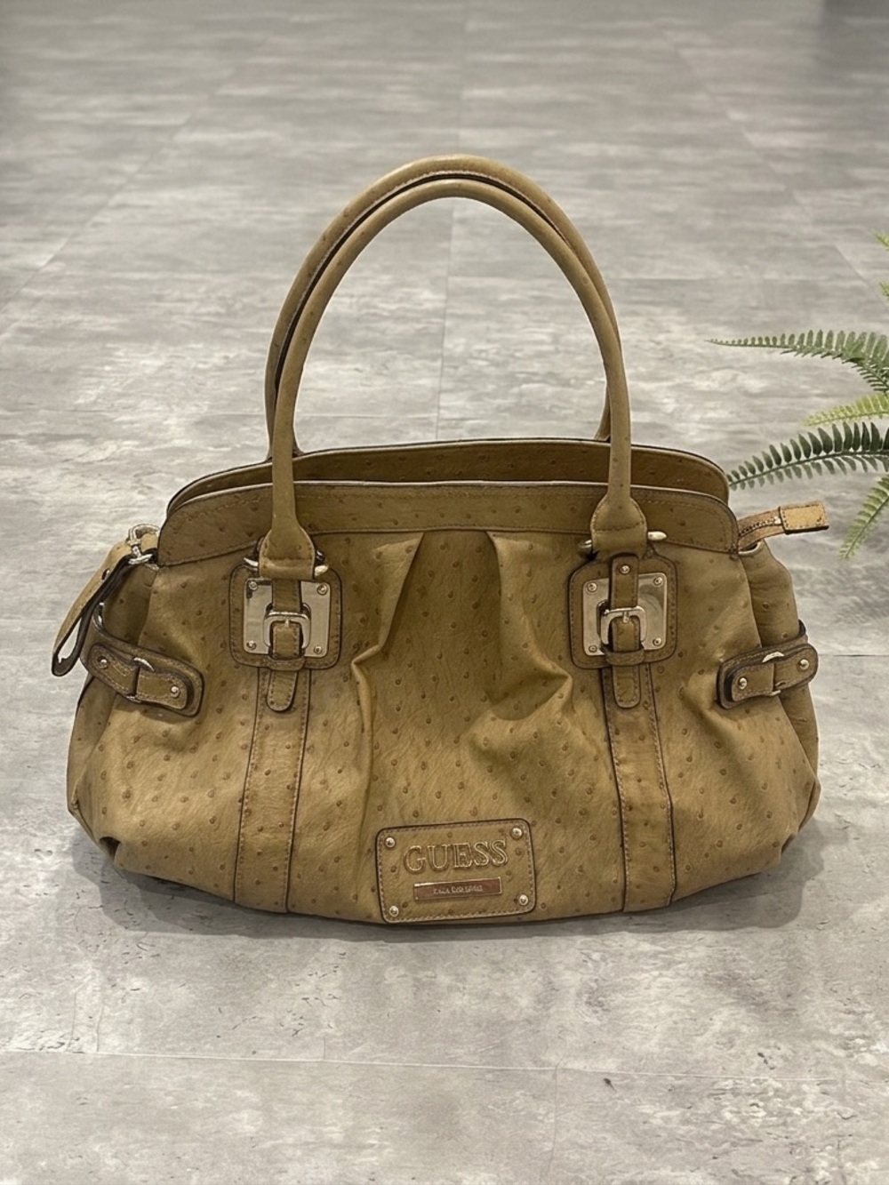 Vintage Guess Ostrich Embossed Satchel Shoulder Bag Tan Y2K